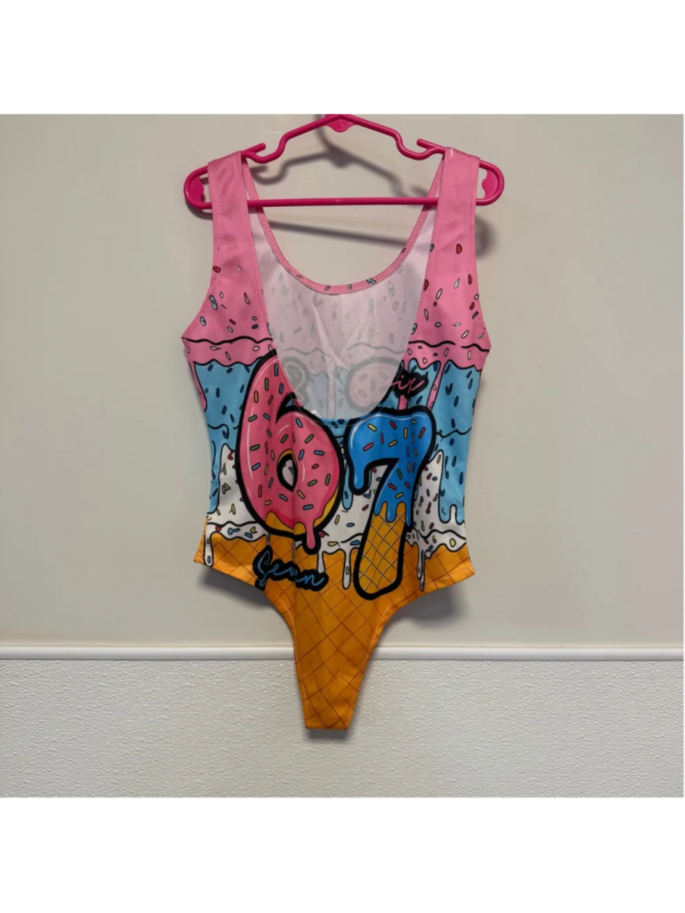 Girls Donut Ice Cream One Piece Swimsuit Size 7-8 Y 67 Pink Blue thin material